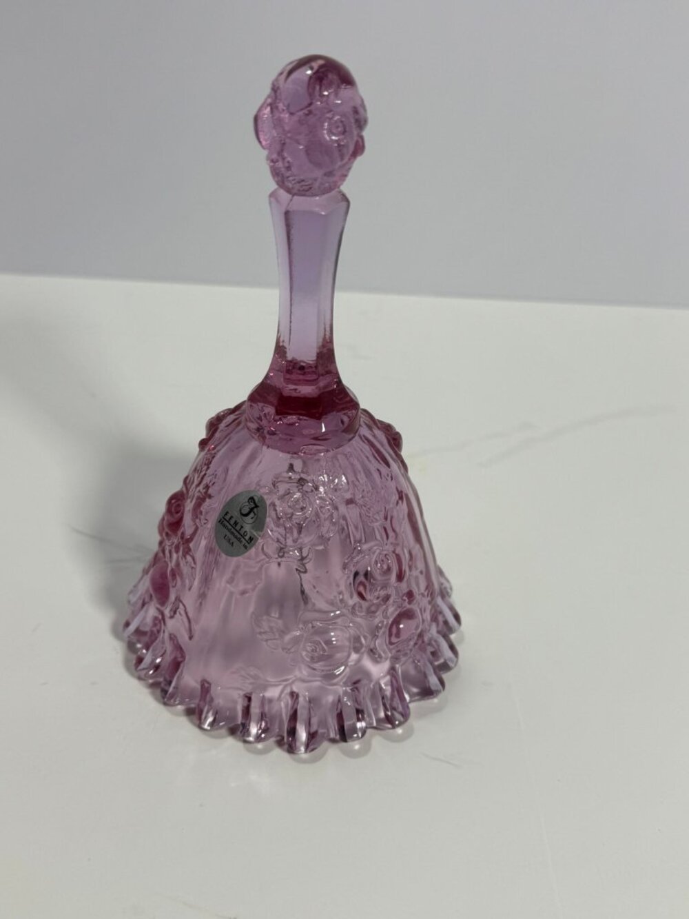 Vintage Fenton Bell Pink Mauve Cabbage Rose Ruffled Bottom